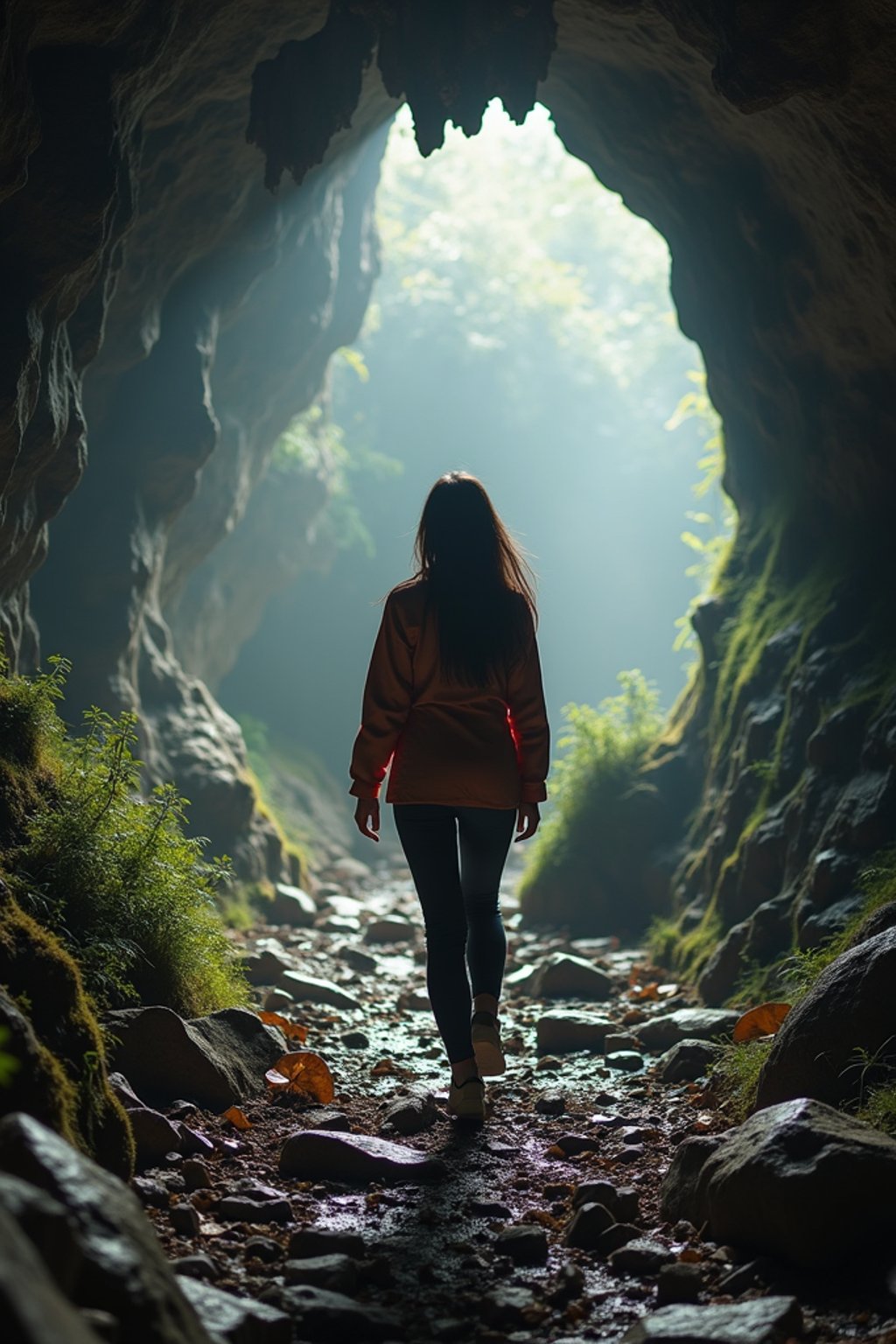 woman as individual hiking through an impressive cave system