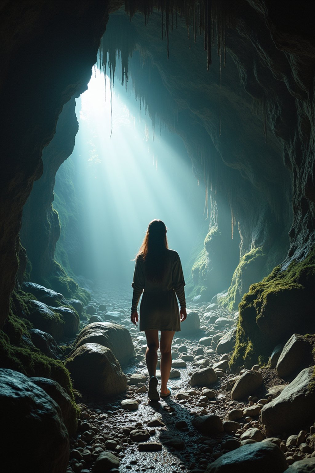 woman as individual hiking through an impressive cave system