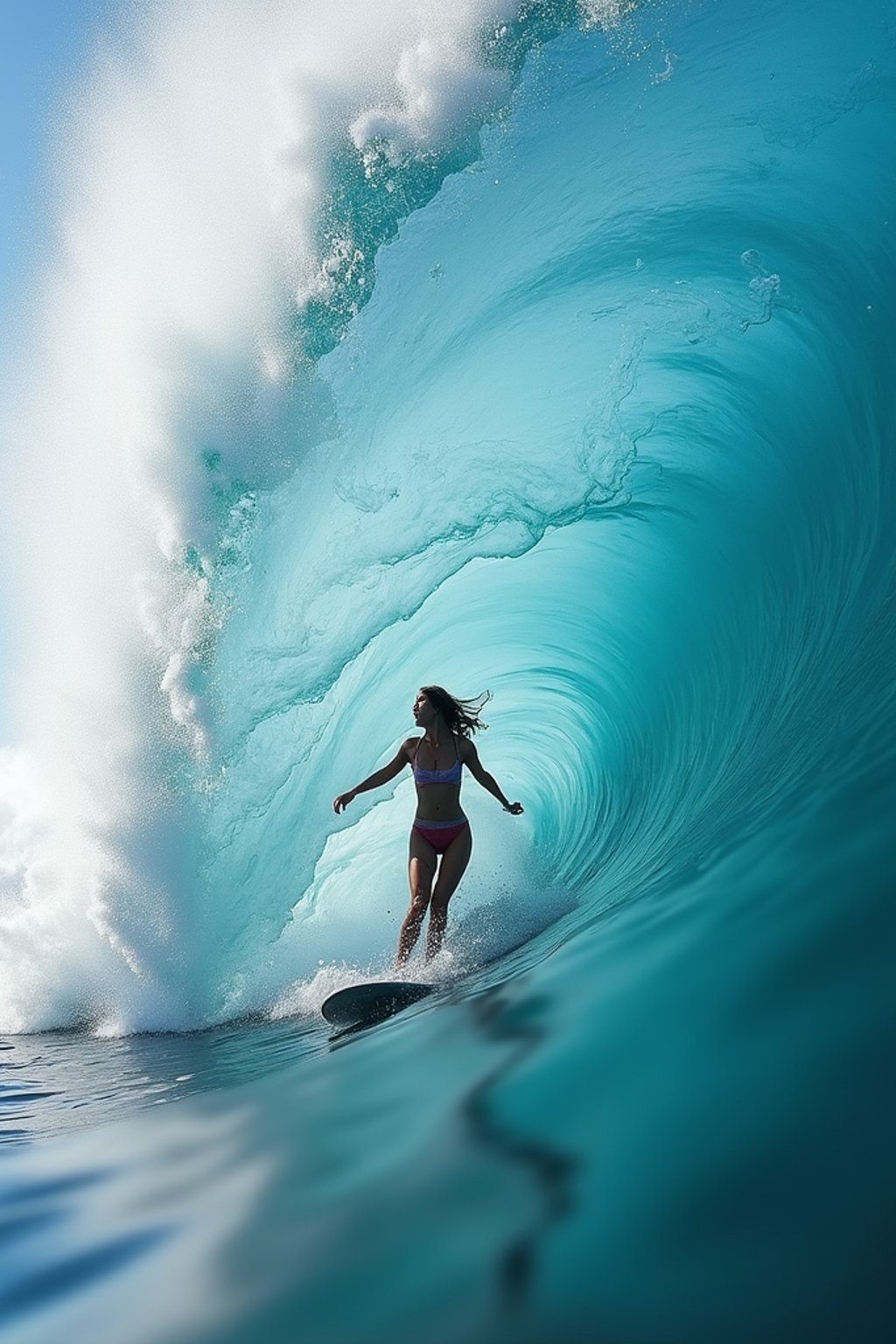 woman as individual surfing a massive wave in a clear, blue ocean