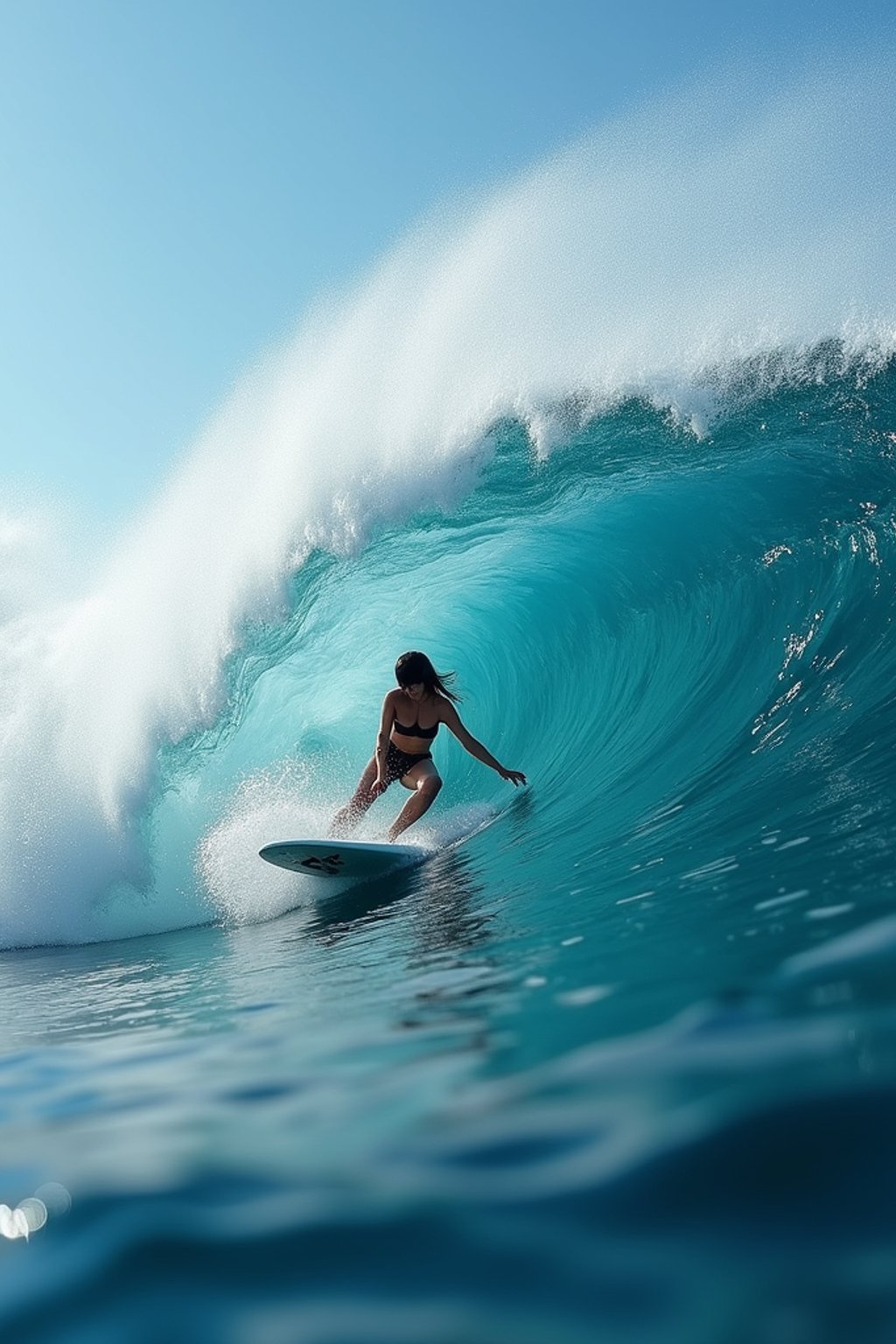 woman as individual surfing a massive wave in a clear, blue ocean