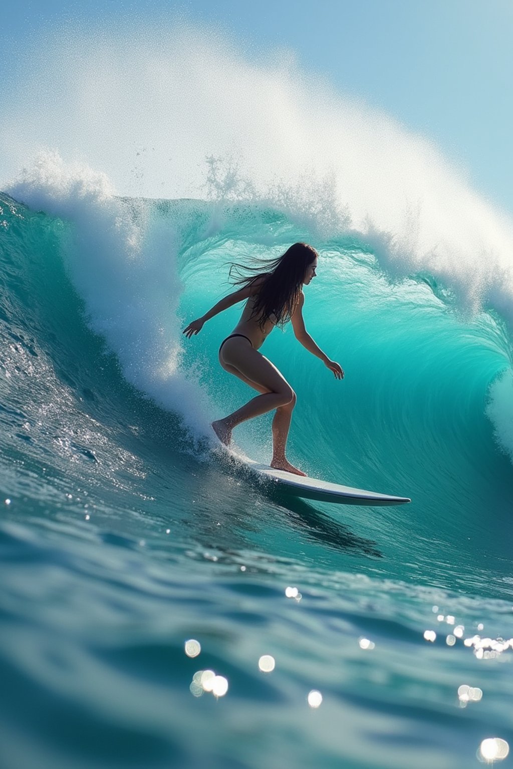 woman as individual surfing a massive wave in a clear, blue ocean