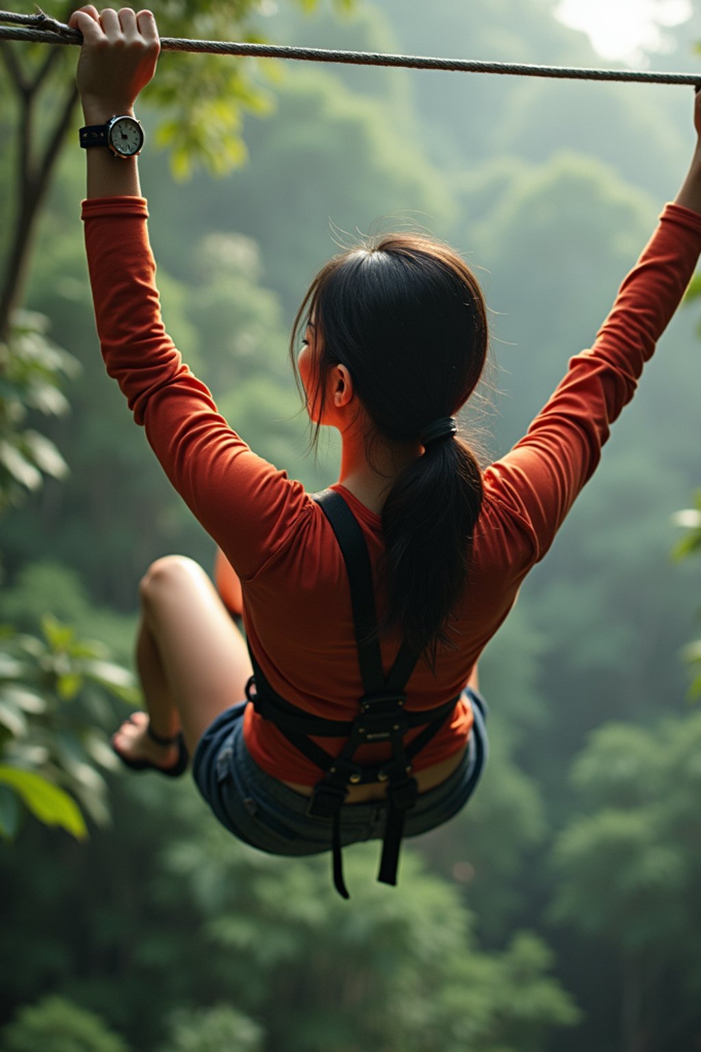 woman zip-lining through a tropical rainforest canopy