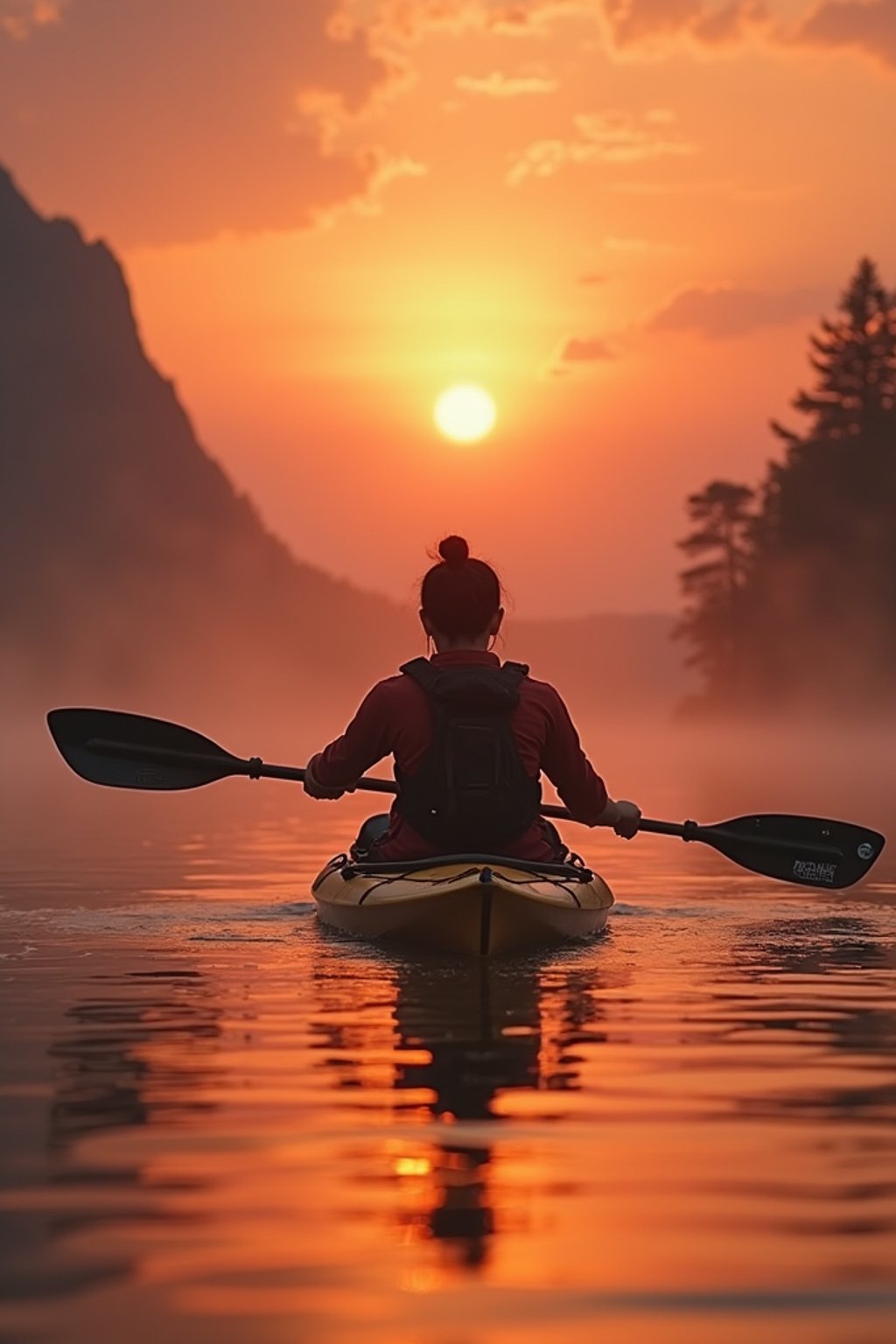 woman as explorer kayaking in a serene lake with a mesmerizing sunset backdrop