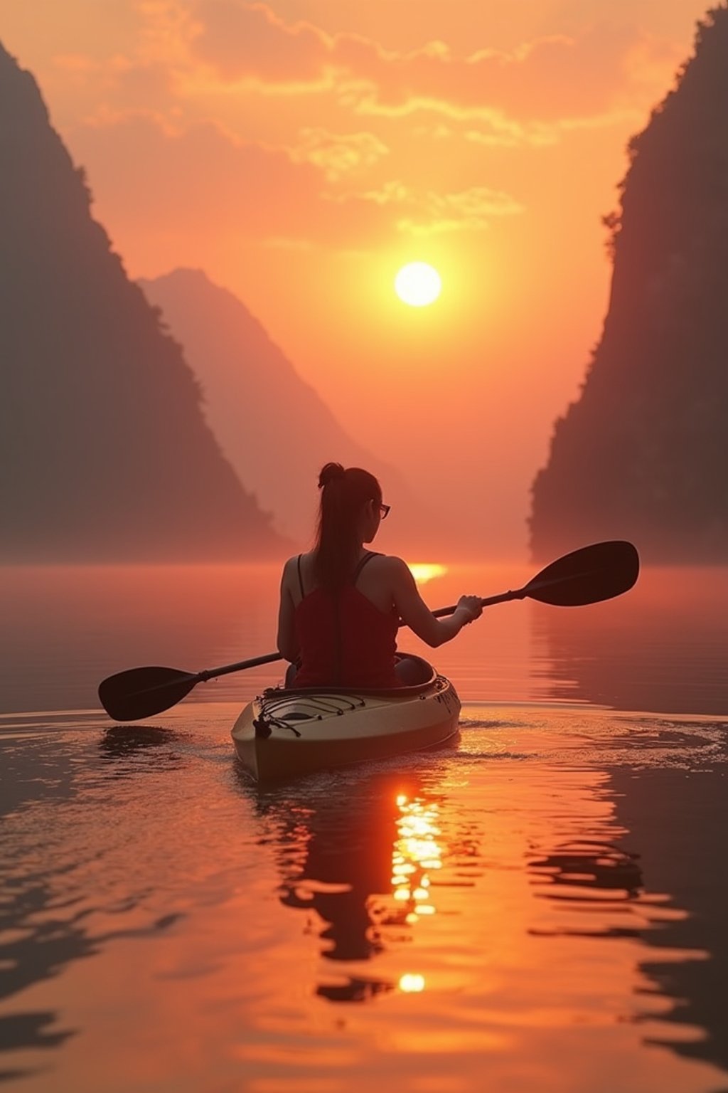 woman as explorer kayaking in a serene lake with a mesmerizing sunset backdrop