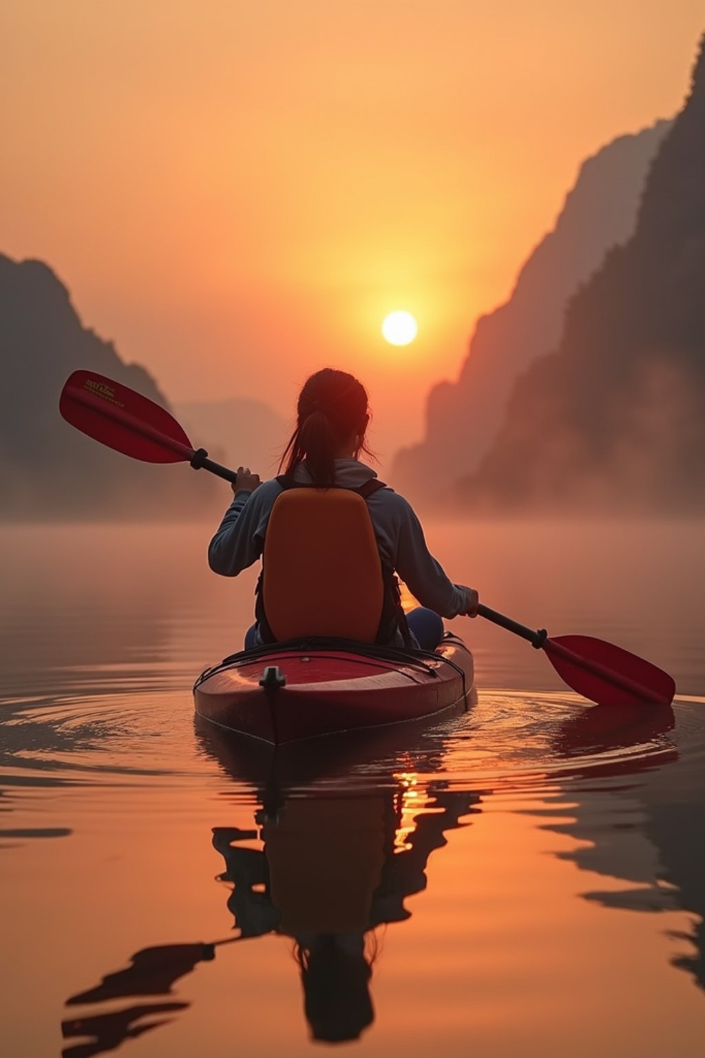 woman as explorer kayaking in a serene lake with a mesmerizing sunset backdrop