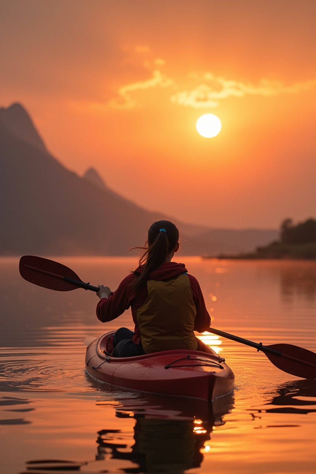 woman as explorer kayaking in a serene lake with a mesmerizing sunset backdrop