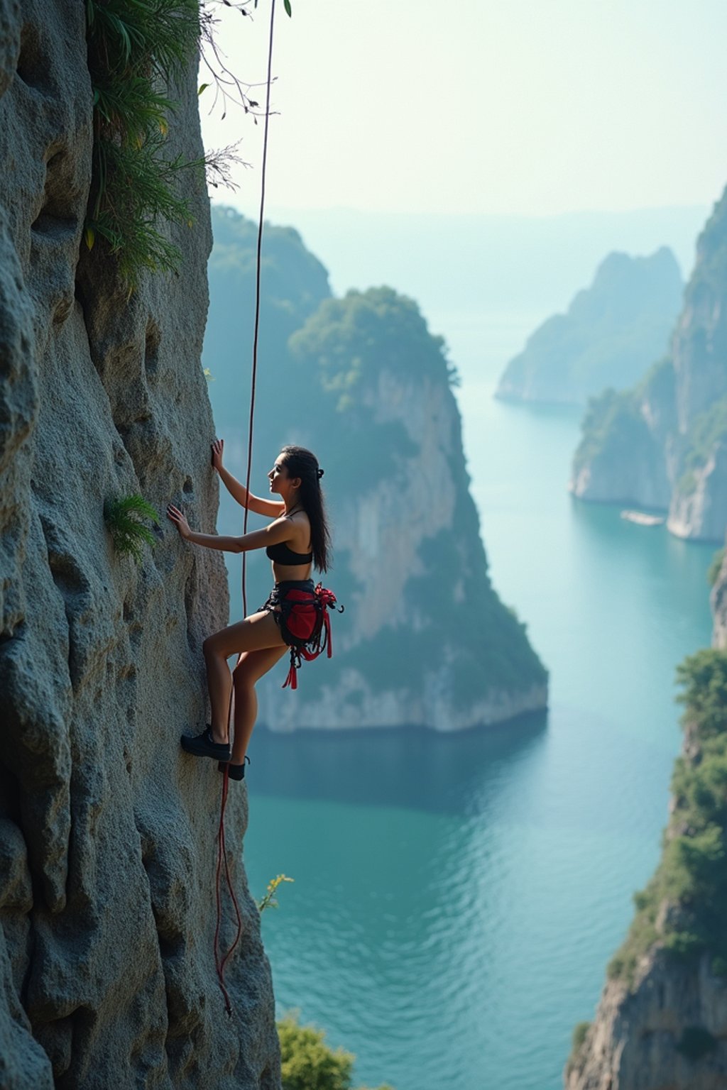 woman as adventurer rock climbing a daunting cliff with a breathtaking sea view