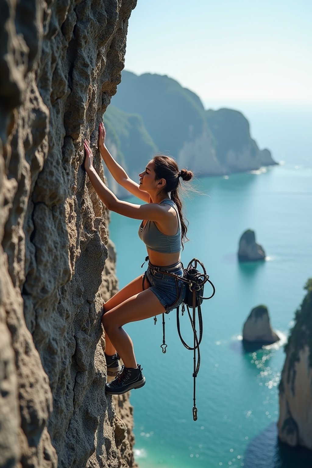 woman as adventurer rock climbing a daunting cliff with a breathtaking sea view