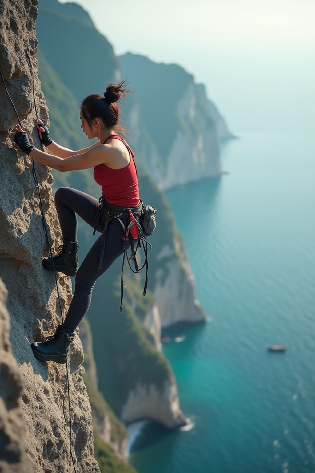 woman as adventurer rock climbing a daunting cliff with a breathtaking sea view