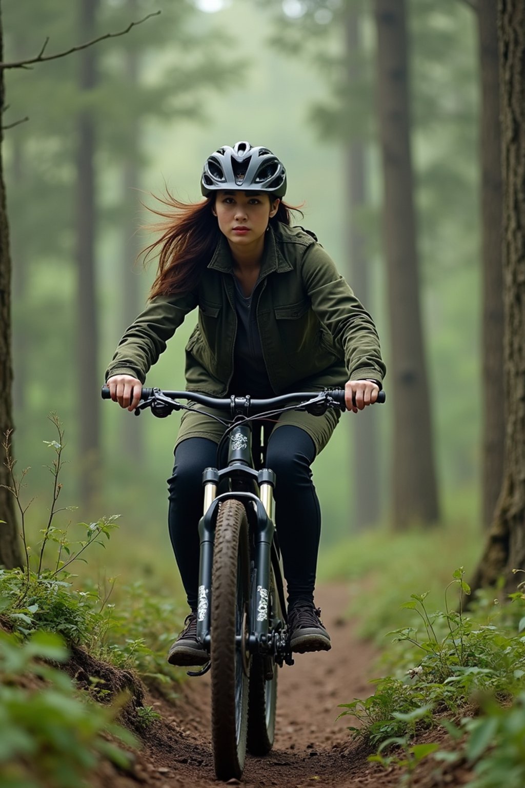 woman as individual mountain biking through a dense forest trail