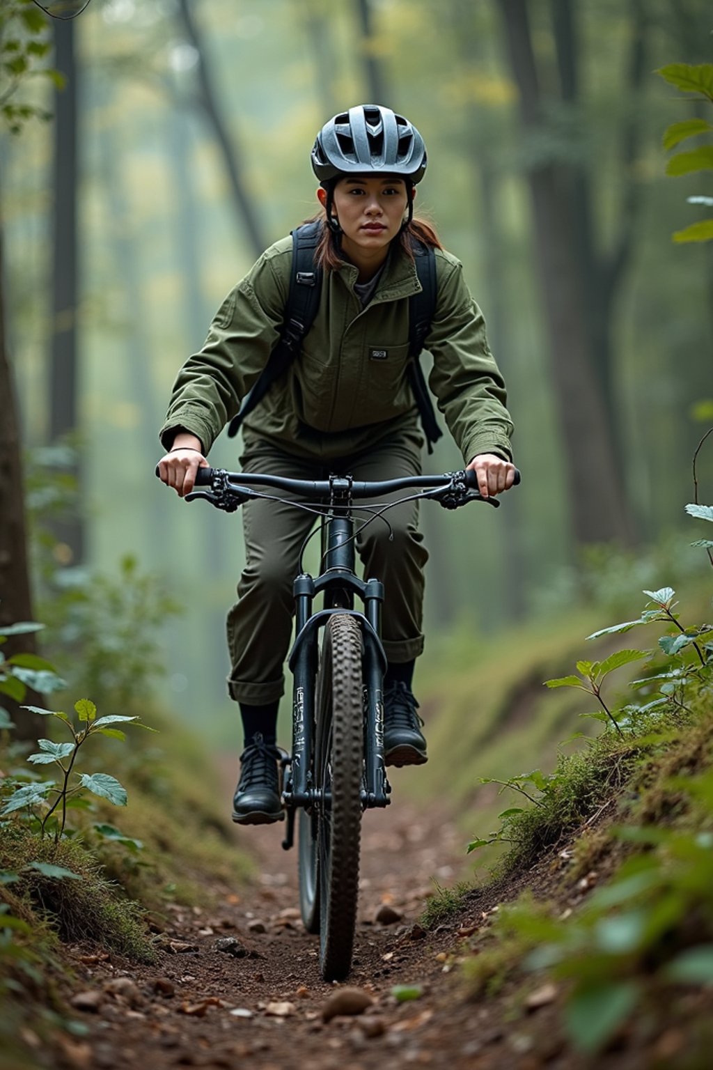 woman as individual mountain biking through a dense forest trail