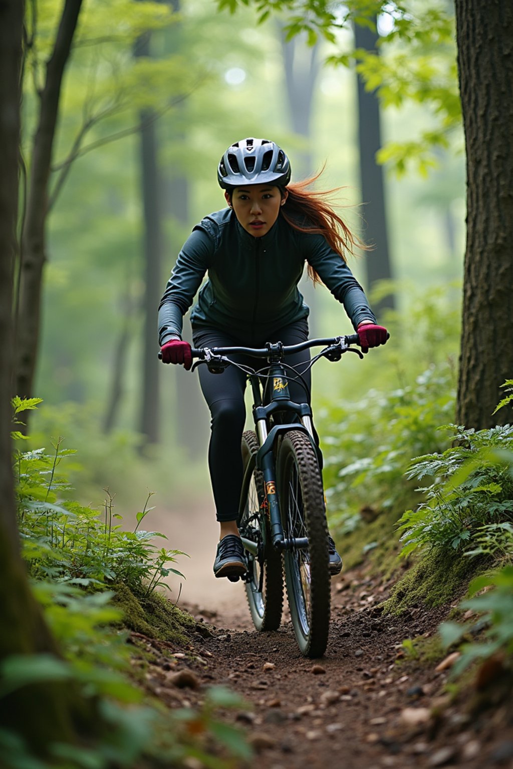 woman as individual mountain biking through a dense forest trail