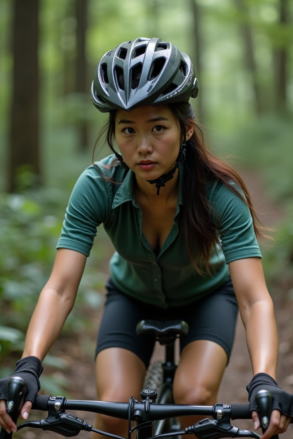 woman as individual mountain biking through a dense forest trail