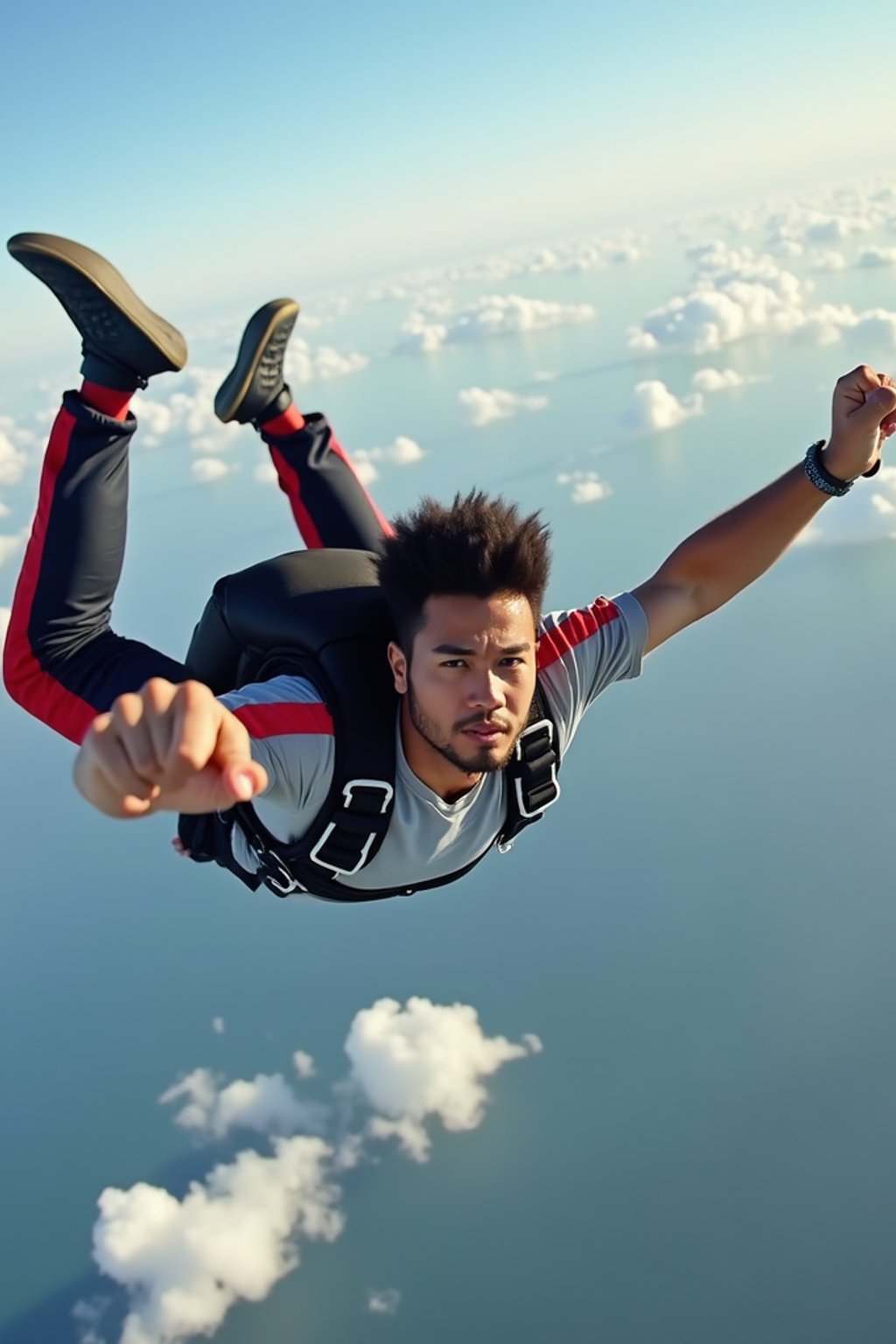 wide shot man skydiving in the air