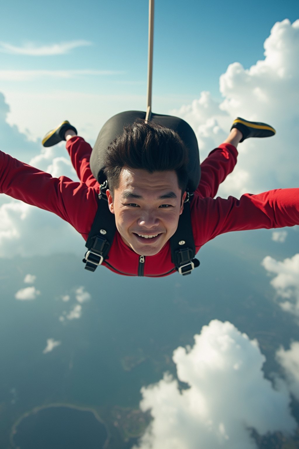 wide shot man skydiving in the air