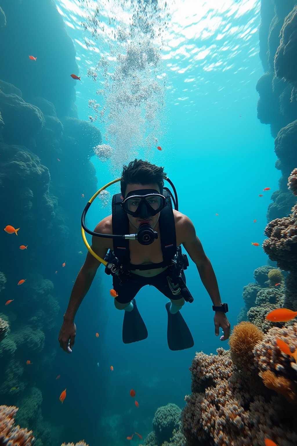 man scuba diving in a stunning coral reef, surrounded by colorful fish