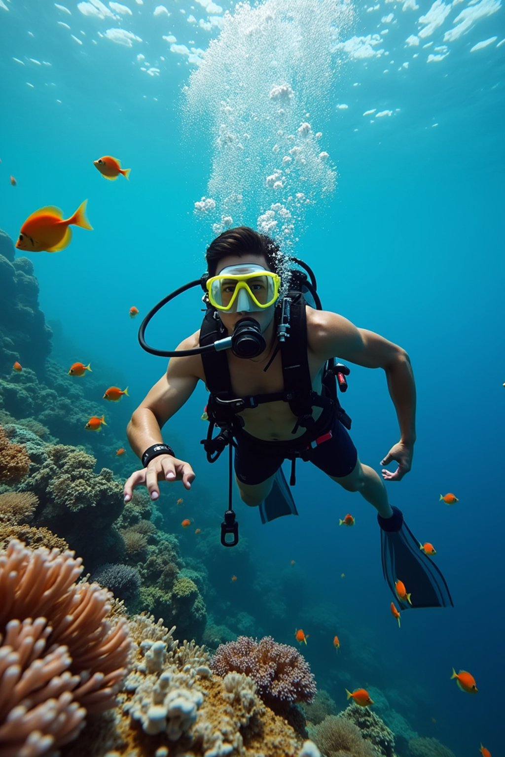 man scuba diving in a stunning coral reef, surrounded by colorful fish