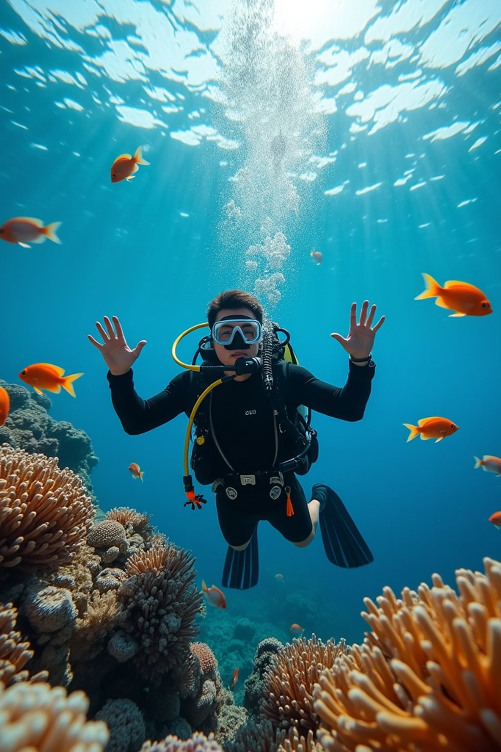 man scuba diving in a stunning coral reef, surrounded by colorful fish