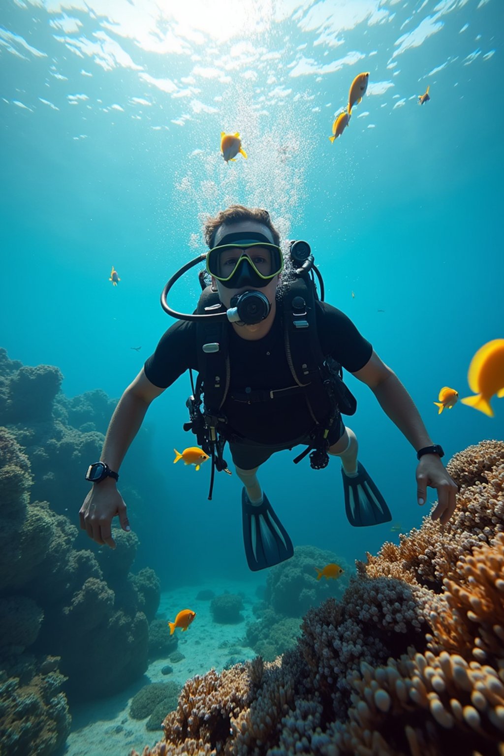 man scuba diving in a stunning coral reef, surrounded by colorful fish