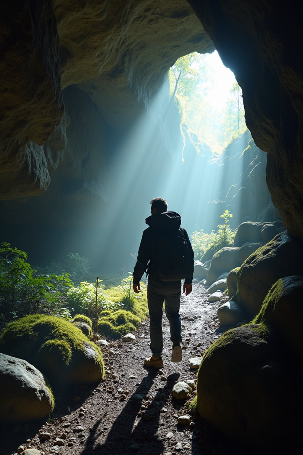 man as individual hiking through an impressive cave system