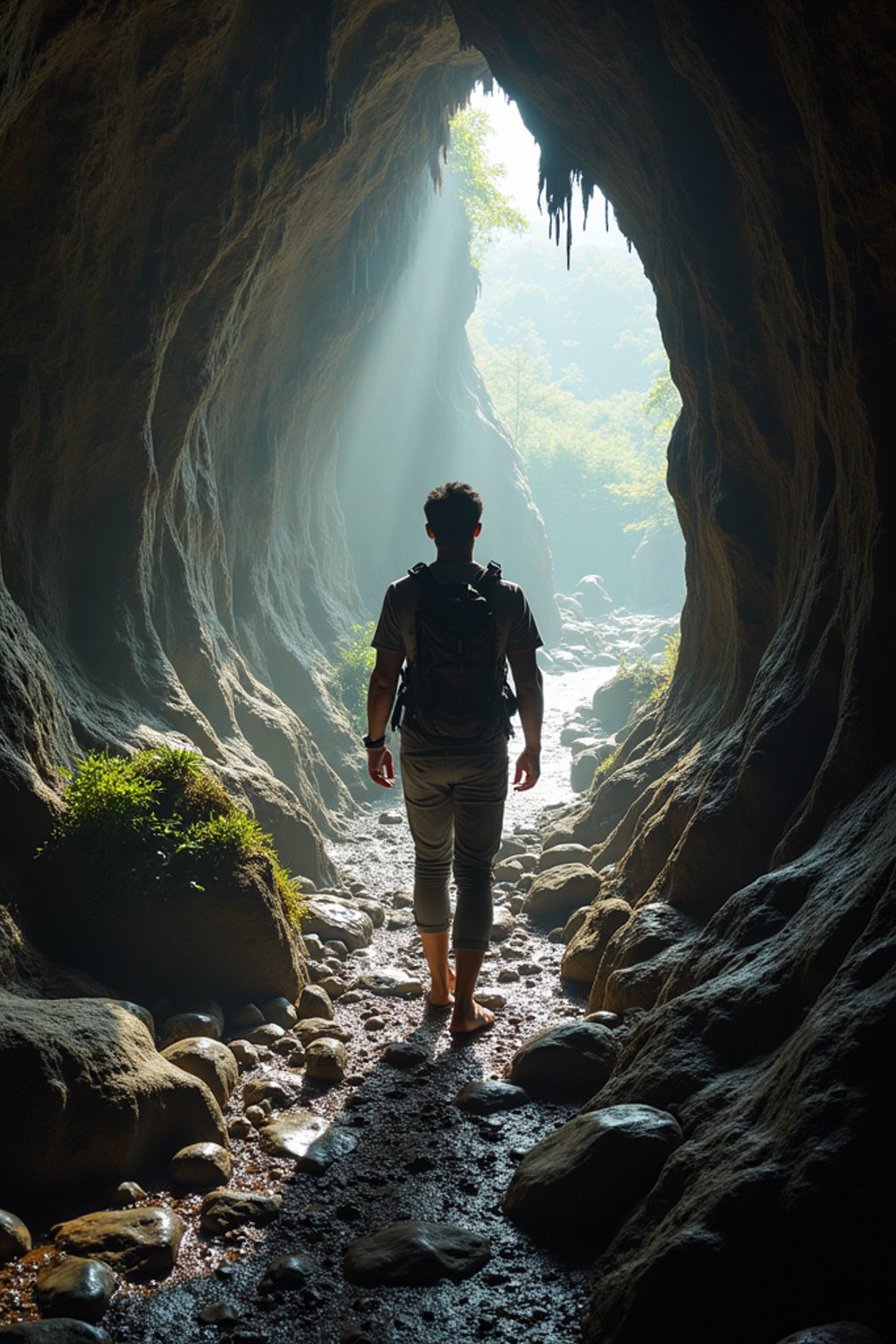 man as individual hiking through an impressive cave system