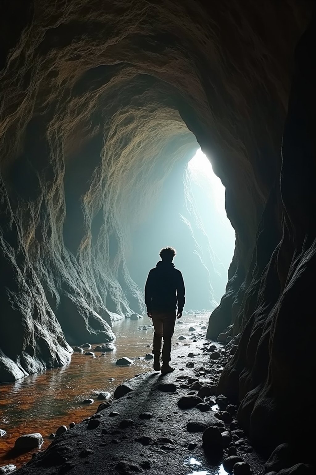 man as individual hiking through an impressive cave system