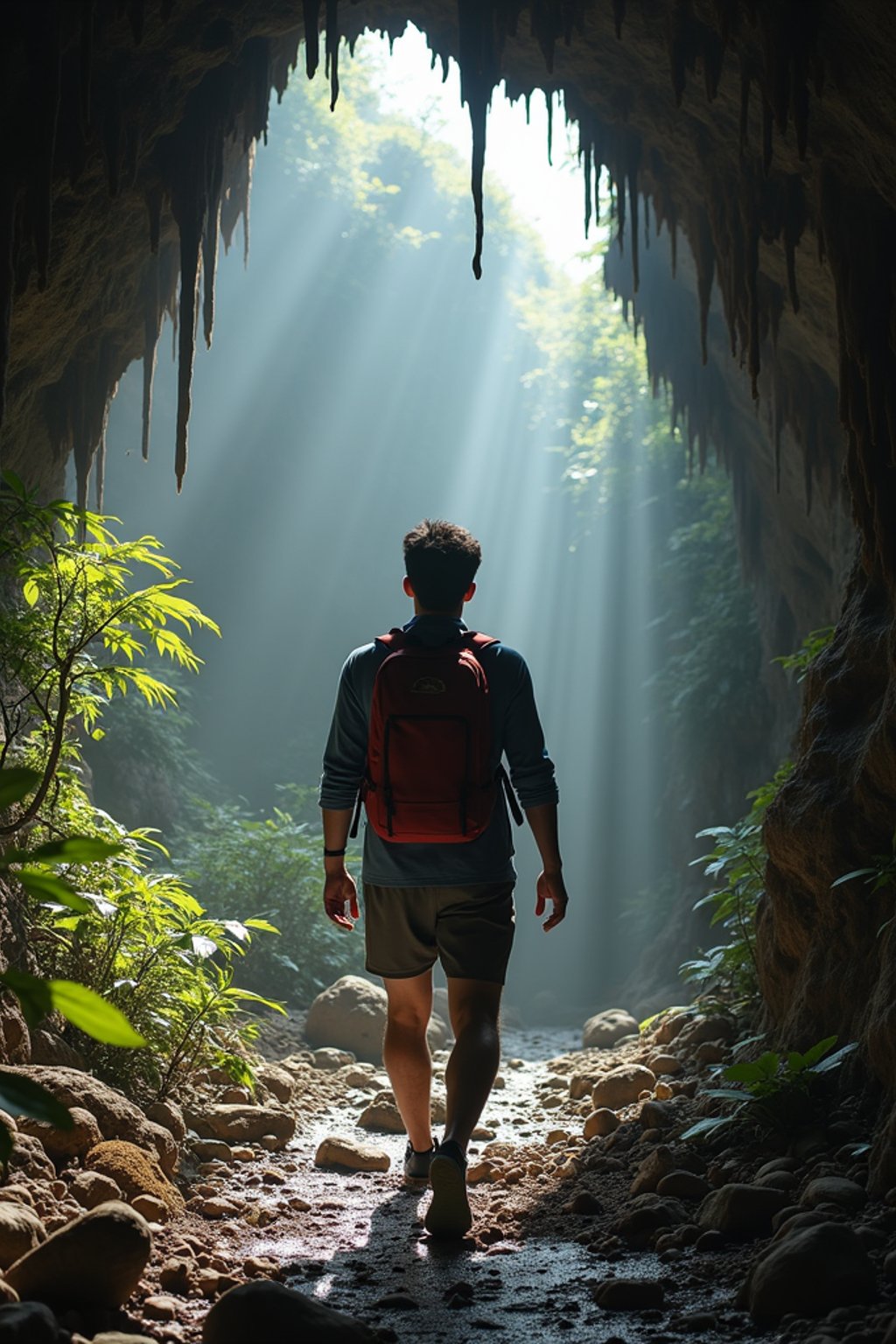 man as individual hiking through an impressive cave system