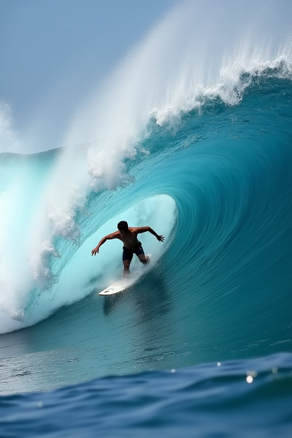 man as individual surfing a massive wave in a clear, blue ocean