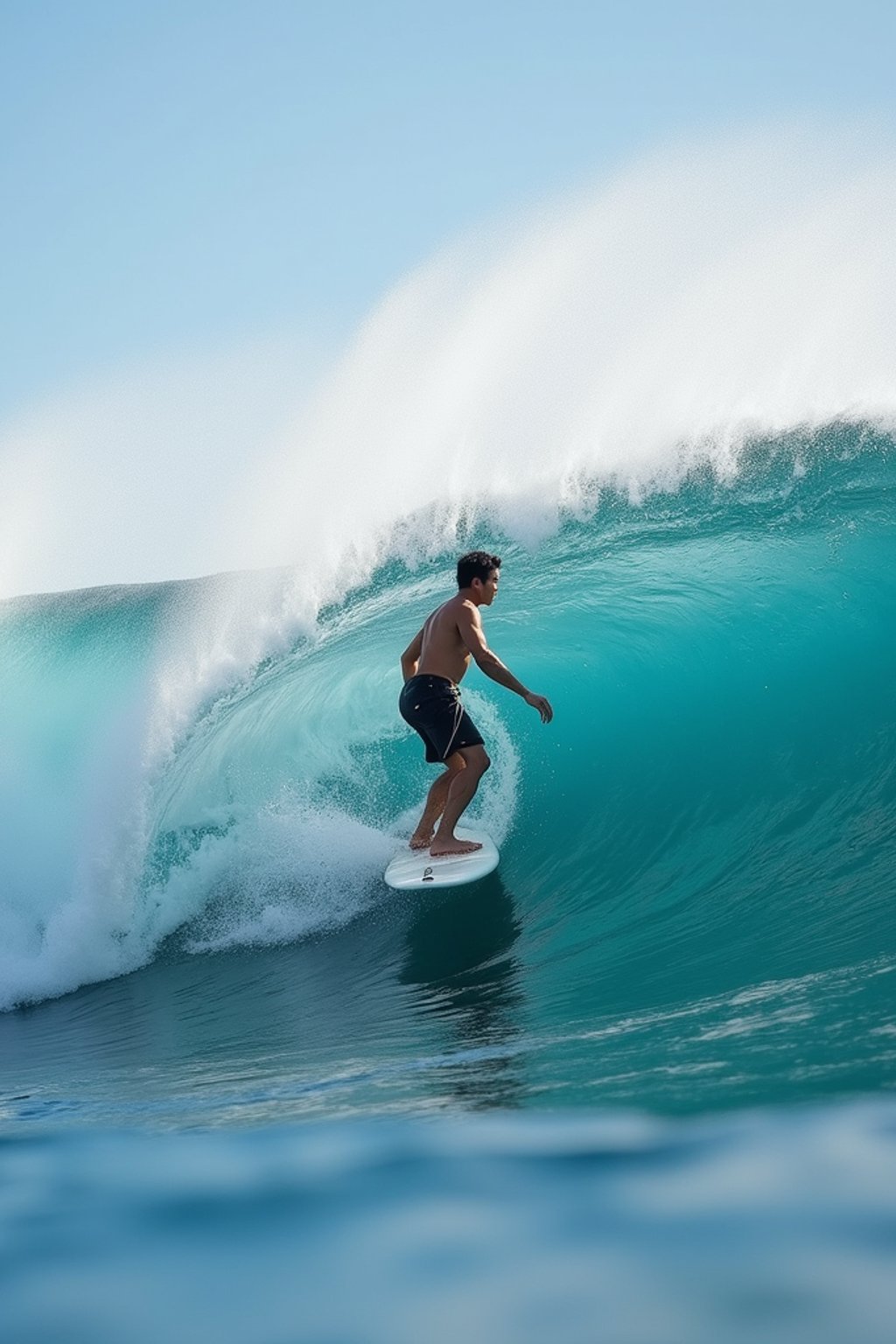 man as individual surfing a massive wave in a clear, blue ocean