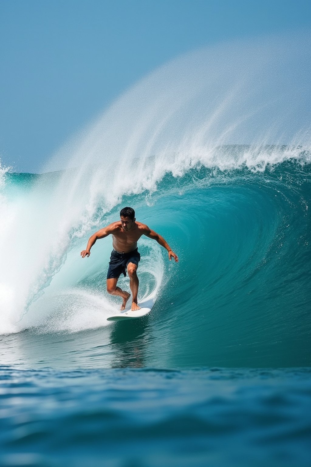 man as individual surfing a massive wave in a clear, blue ocean