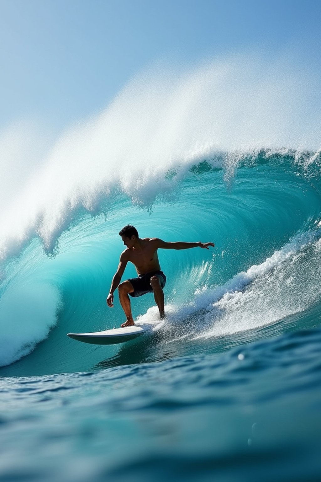 man as individual surfing a massive wave in a clear, blue ocean