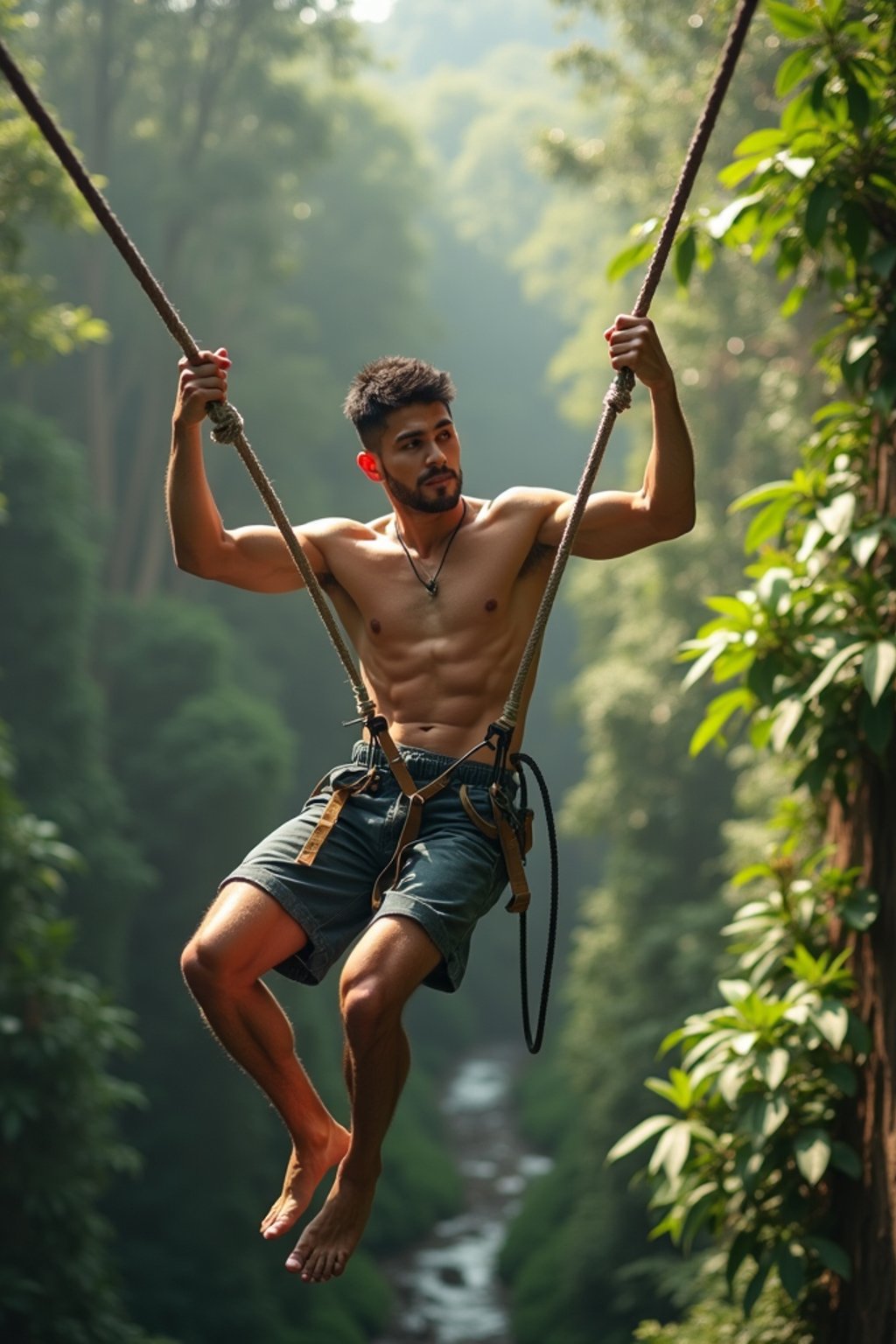 man zip-lining through a tropical rainforest canopy