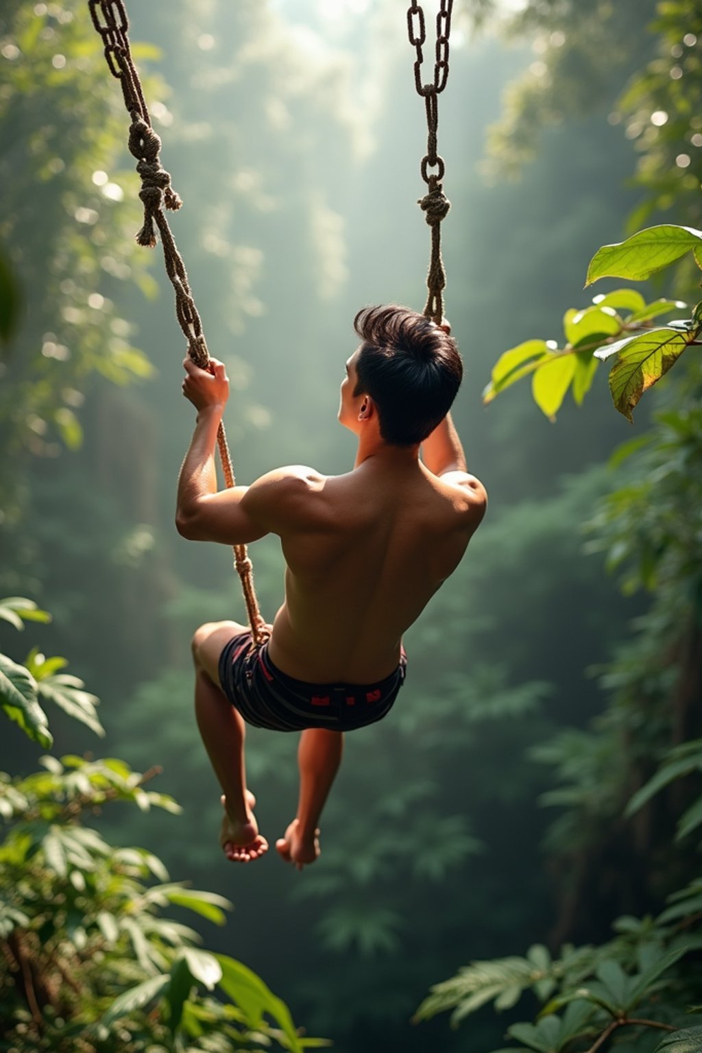 man zip-lining through a tropical rainforest canopy