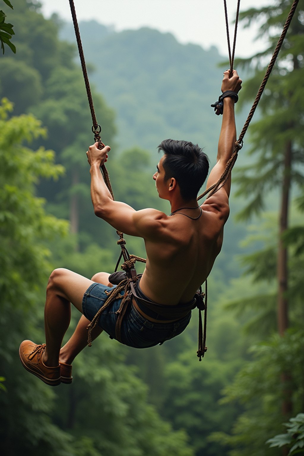 man zip-lining through a tropical rainforest canopy