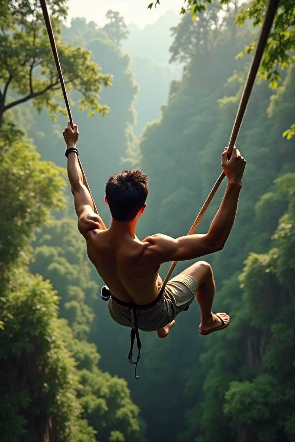 man zip-lining through a tropical rainforest canopy