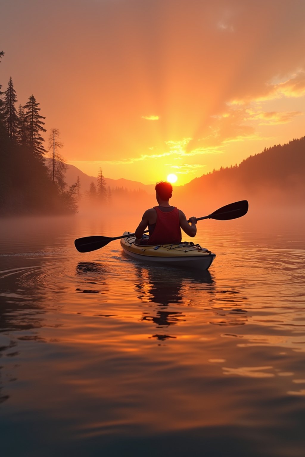 man as explorer kayaking in a serene lake with a mesmerizing sunset backdrop