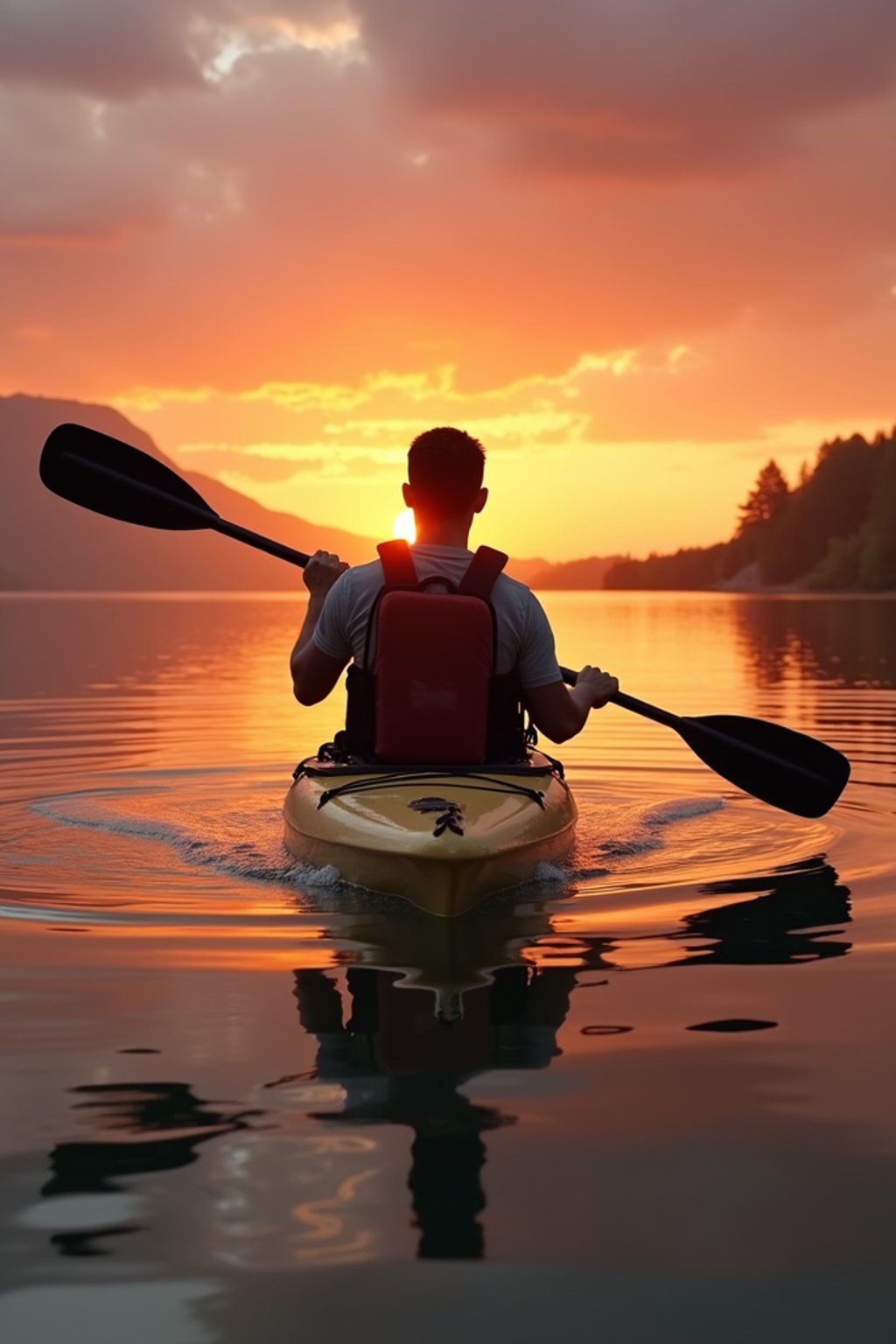 man as explorer kayaking in a serene lake with a mesmerizing sunset backdrop