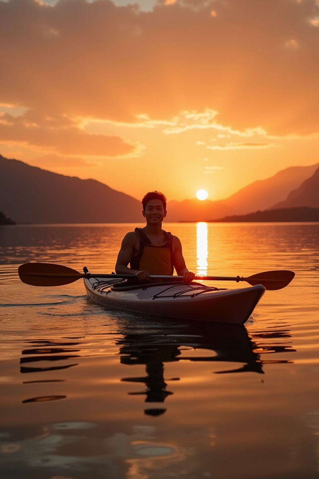 man as explorer kayaking in a serene lake with a mesmerizing sunset backdrop