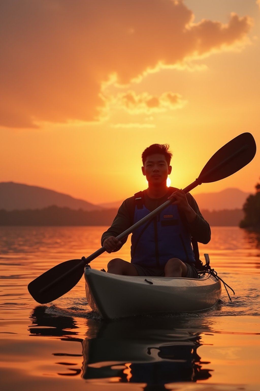 man as explorer kayaking in a serene lake with a mesmerizing sunset backdrop