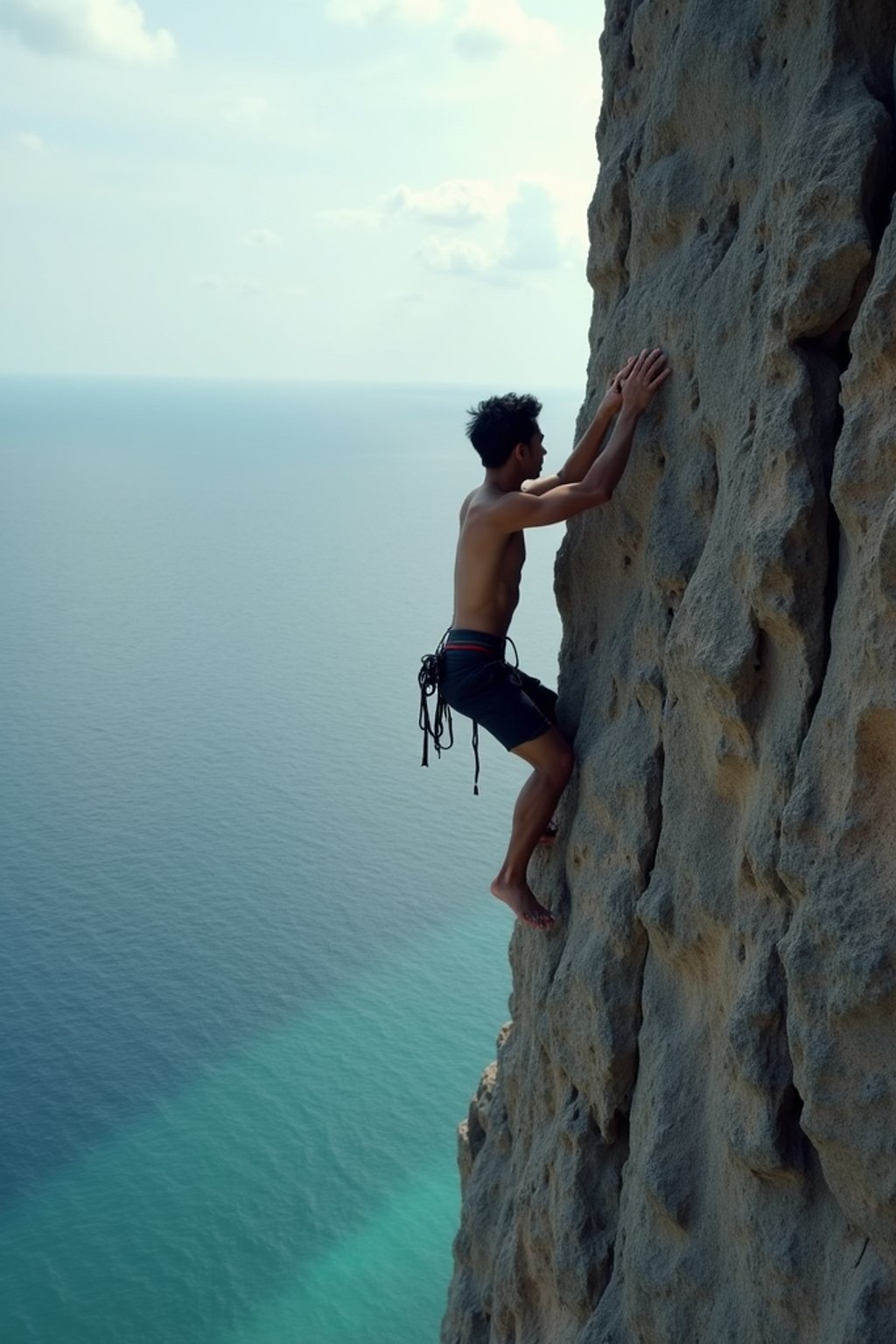 man as adventurer rock climbing a daunting cliff with a breathtaking sea view