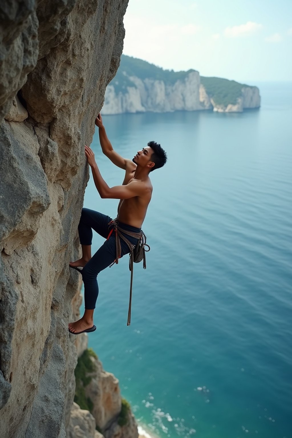 man as adventurer rock climbing a daunting cliff with a breathtaking sea view