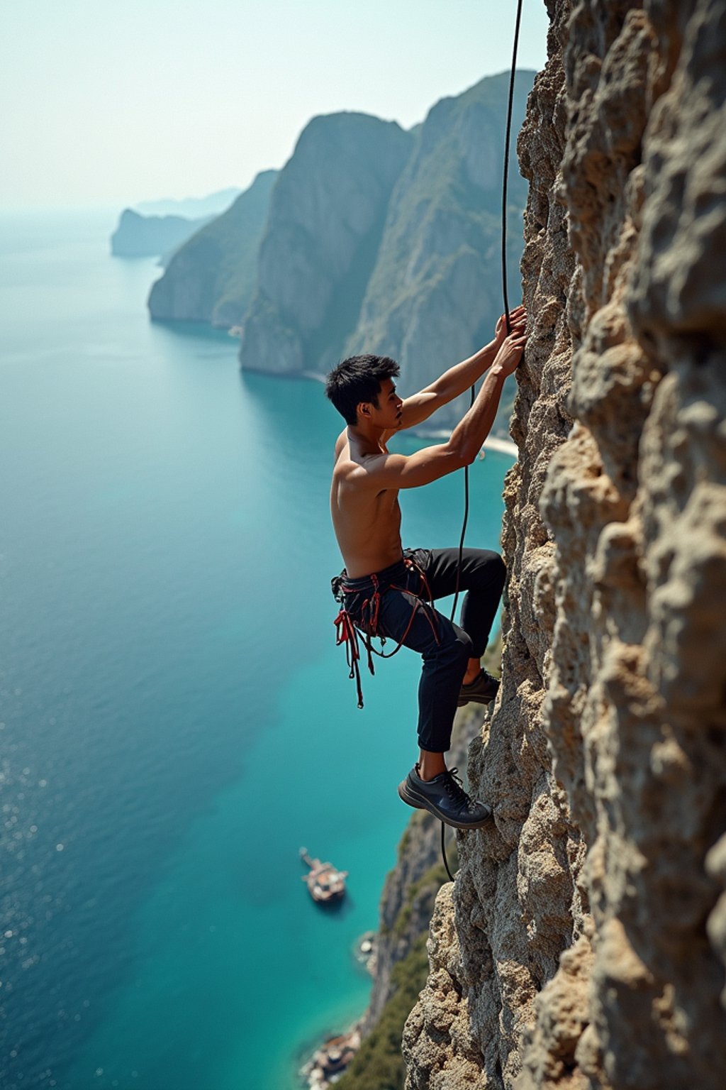 man as adventurer rock climbing a daunting cliff with a breathtaking sea view