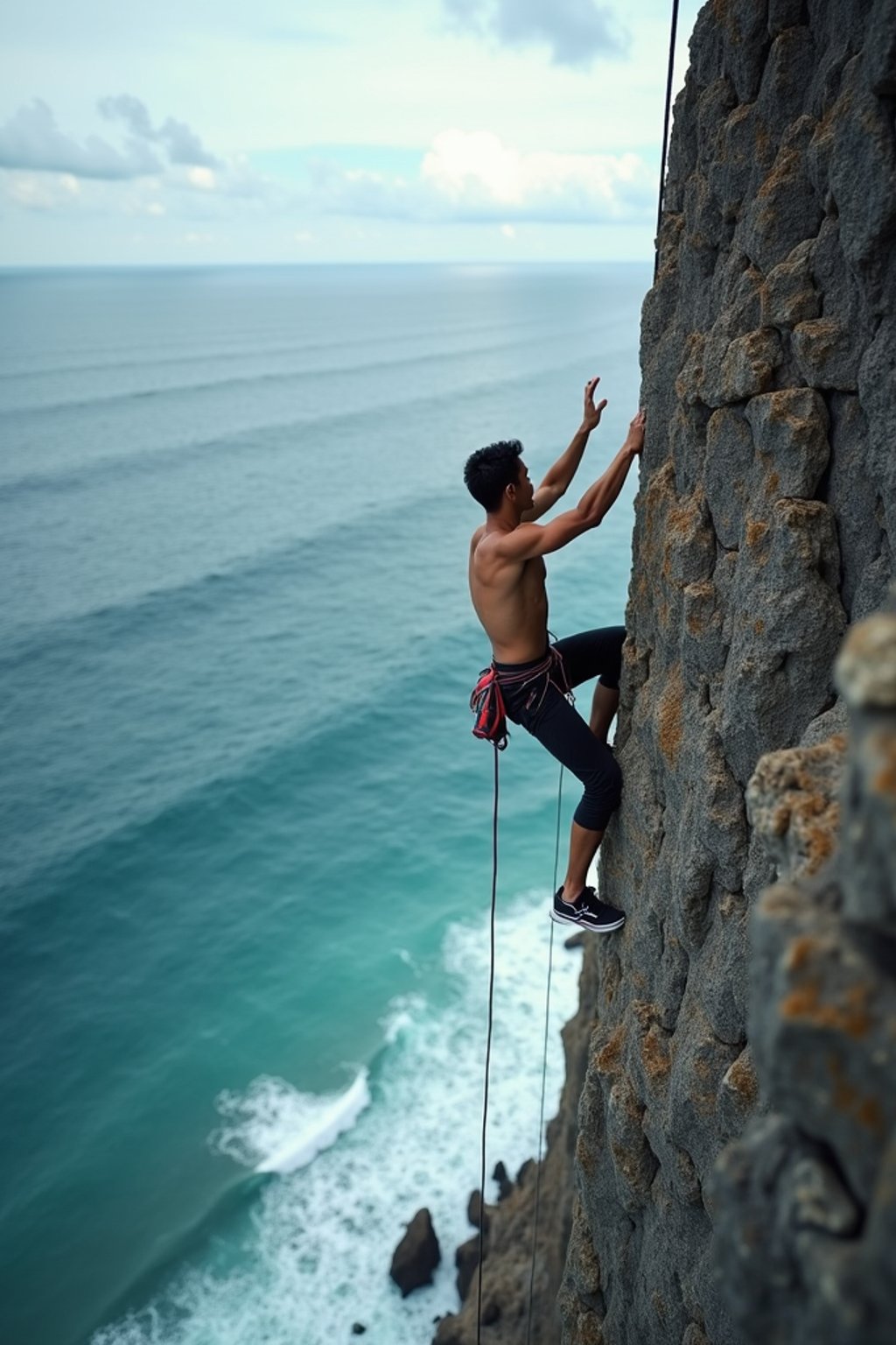 man as adventurer rock climbing a daunting cliff with a breathtaking sea view