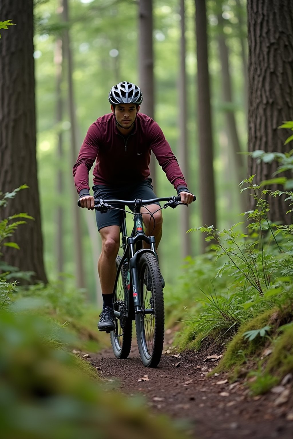 man as individual mountain biking through a dense forest trail