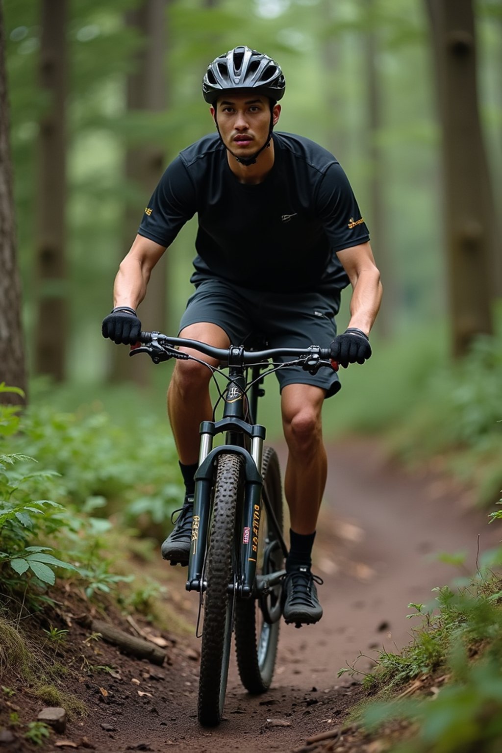 man as individual mountain biking through a dense forest trail