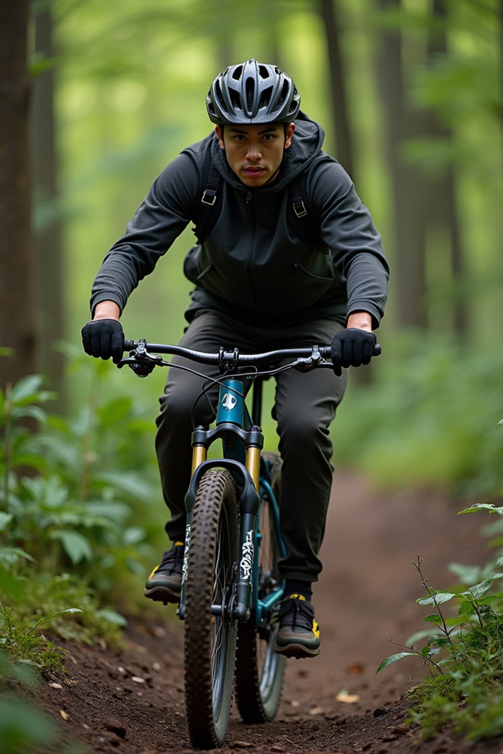 man as individual mountain biking through a dense forest trail