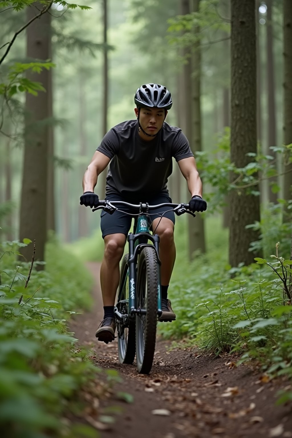 man as individual mountain biking through a dense forest trail