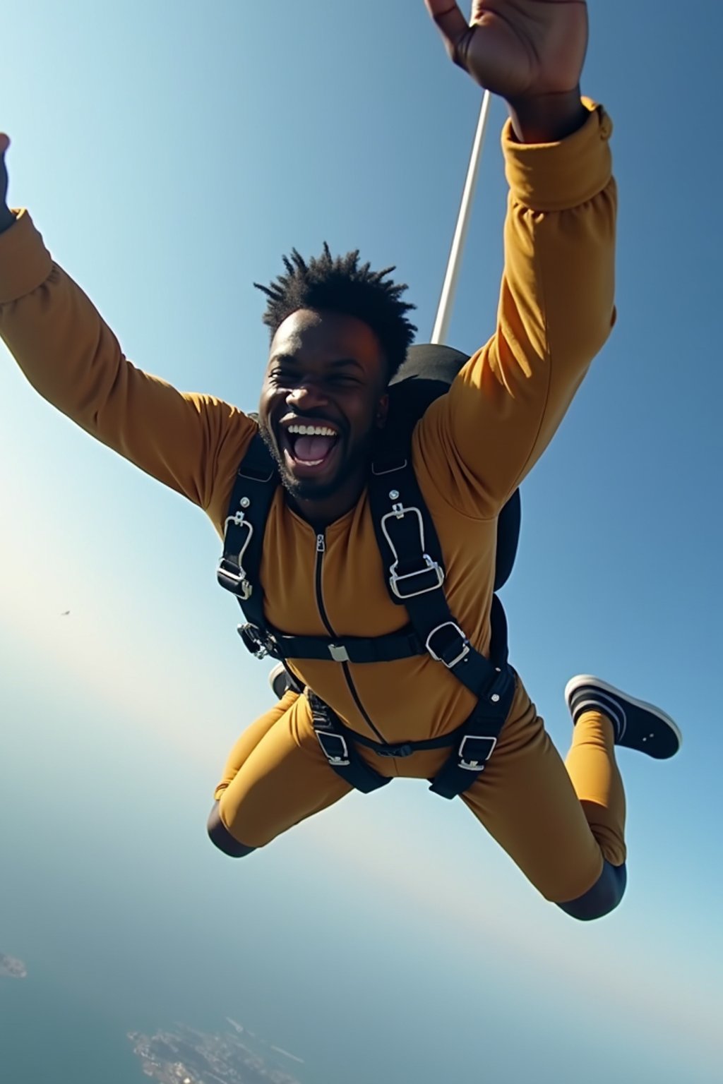 wide shot man skydiving in the air