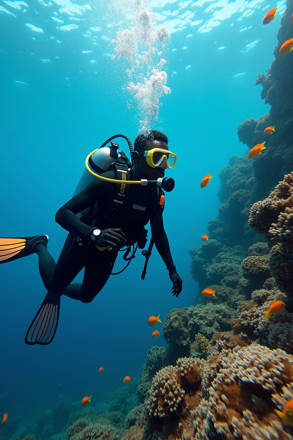 man scuba diving in a stunning coral reef, surrounded by colorful fish