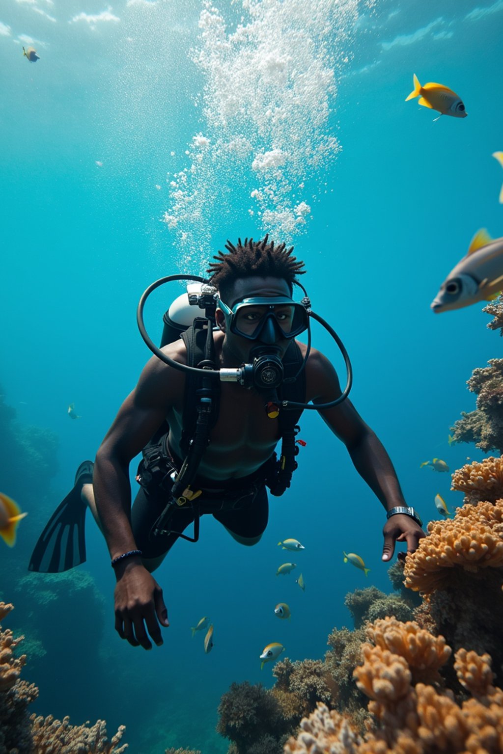 man scuba diving in a stunning coral reef, surrounded by colorful fish